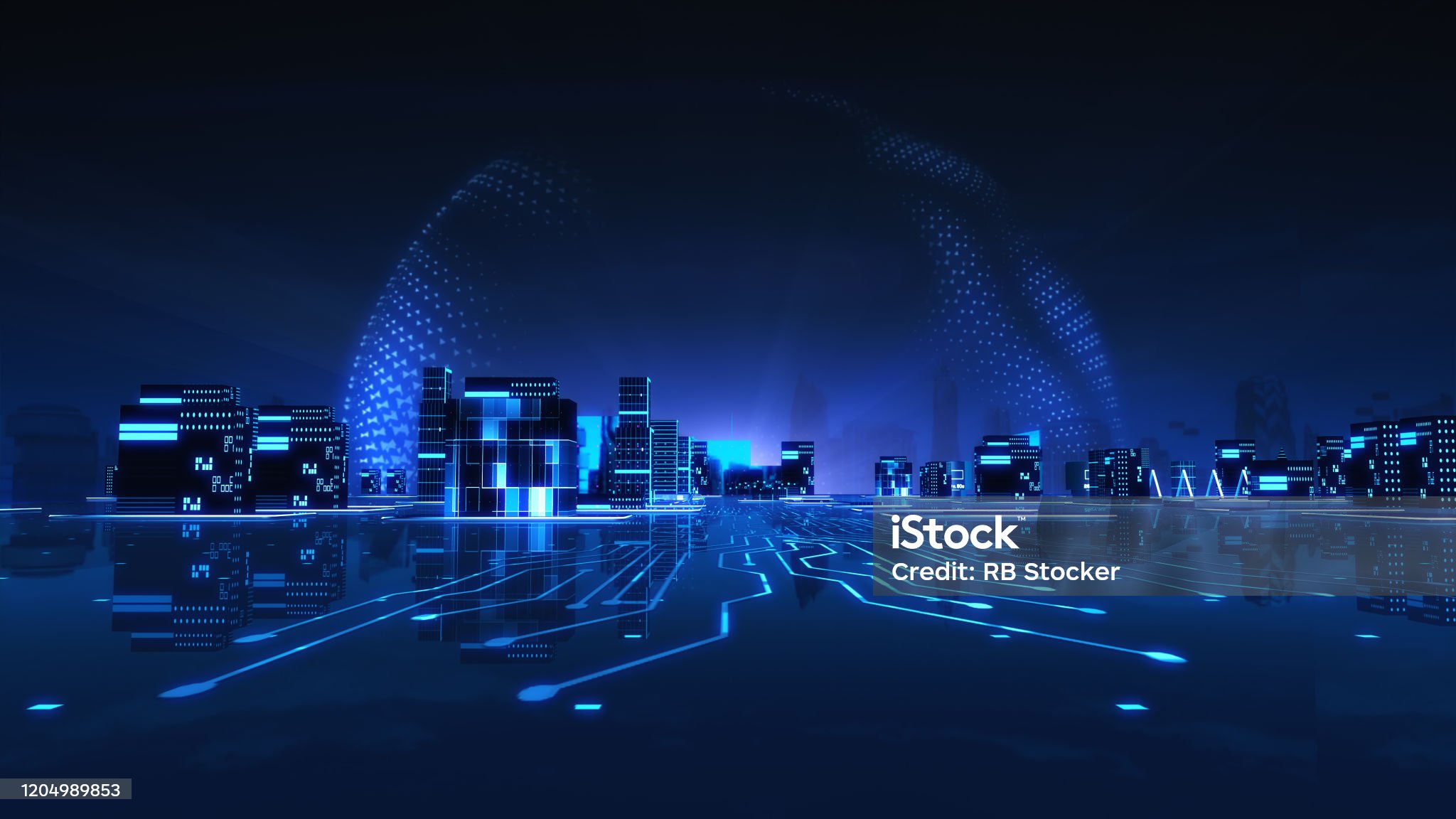 Cityscape futuristic 3d city neon light with power energy ball