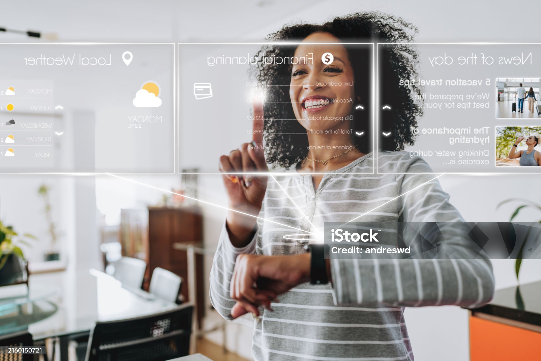Woman using artificial intelligence smartwatch device AI