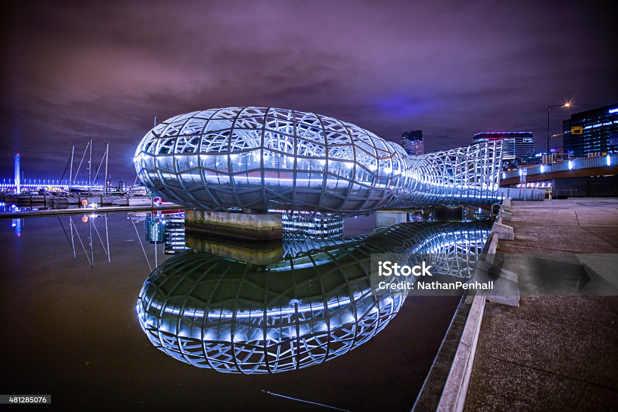 Reflections of the Webb Bridge at night in Melbourne's Docklands